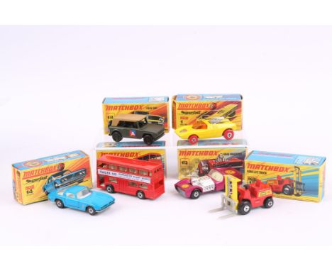 Six Matchbox Superfast die-cast vehicles comprising ; 1 Mod Rod (yellow), 14 ISO Griffo, 15 Fork Lift Truck, 17 The Londoner,