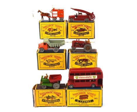 Six Matchbox, Moko Lesney, die-cast vehicles comprising ; 2 Muir Hill site dumper, 4 tractor, 5 Route master bus, 6 Euclid du