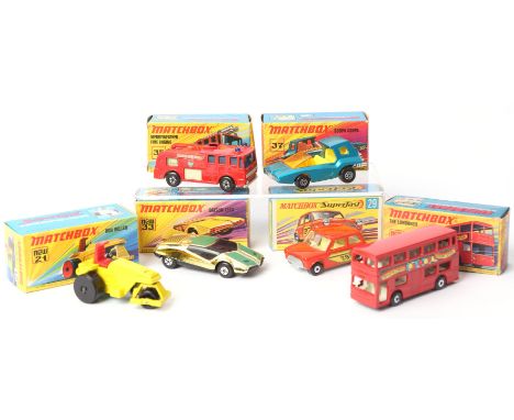Six Matchbox Superfast die-cast vehicles comprising ; 17 The Londoner, 21 Rod Roller, 29 Racing Mini, 33 Datsun 126X, 35 Merr