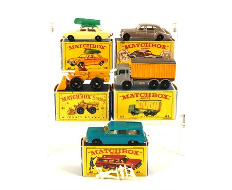 Five Matchbox Lesney die-cast vehicles comprising ; 42 Studebaker Station Wagon, 43 Aveling - Barford Tractor Shovel, 44 Roll
