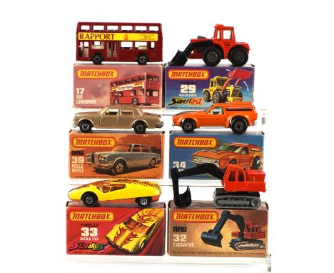 Six Matchbox Superfast die-cast vehicles comprising ; 17 The Londoner, 29 Tractor Shovel, 32 Excavator, 33 Datsun 126X, 34 Va