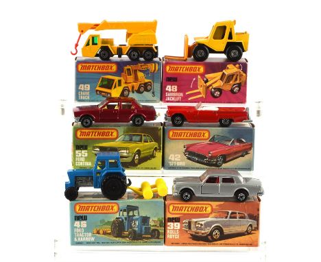 Six Matchbox Superfast die-cast vehicles comprising ; 39 Rolls Royce, 42 '57 T-Bird, 46 Ford Tractor and Harrow, 48 Sambron J