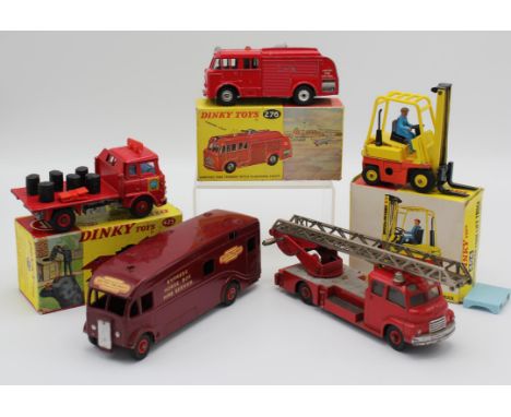 Five Dinky die-cast vehicles comprising ; 956 Dinky Supertoys Turntable Fire Escape, 981 Horse Box, 425 Bedford TK Coal Lorry