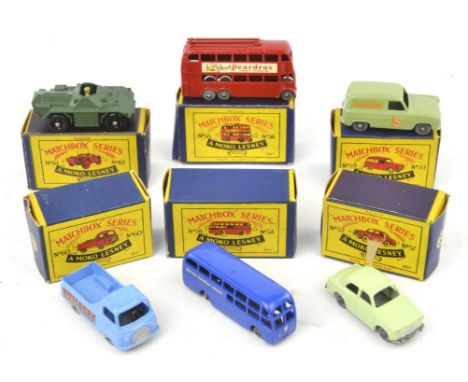 Six Matchbox Moko Lesney die-cast vehicles comprising ; 56 London Trolley Bus, 57 Wolseley 1500, 58 B.E.A. Coach British Euro