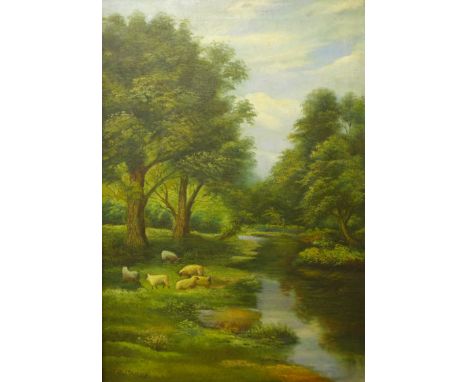 R. Carey, landscape with sheep grazing by a stream, oil on canvas, 50 x 35cms, framed 