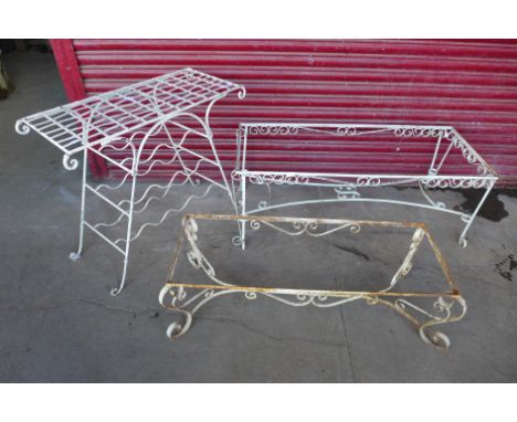 A wrought steel garden console table and two coffee table frames 