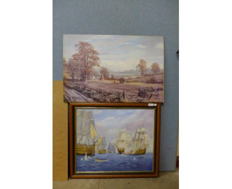 An oil on board of galleons and a ploughing scene print 