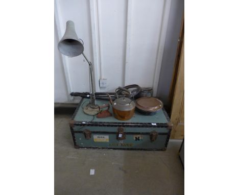 An industrial anglepoise lamp, a copper kettle, a steamer trunk, two warming pans and a flat iron 