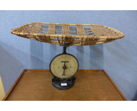 A set of Salter scales with wicker weighing basket 