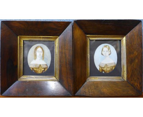 English School (19th Century) pair of oval portrait miniatures of noble lady's, watercolour, 7 x 6cms, rosewood and parcel gi