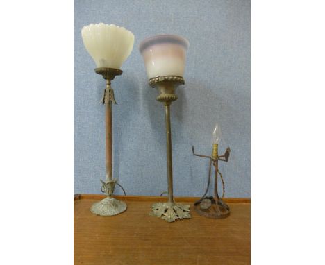 Two ceiling lights with shades and a table lamp base 