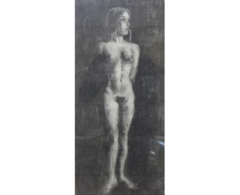 British School (mid 20th Century), portrait of a female nude, charcoal, 52 x 24cms, framed, Kim Howard Galleries label verso 