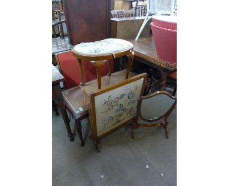 A mahogany coffee table, a fire screen, a toilet mirror, a stool and a folding table 