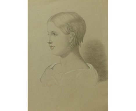 J.W., portrait of a girl, pencil sketch on paper, dated 1845, 41 x 30cms, unframed 
