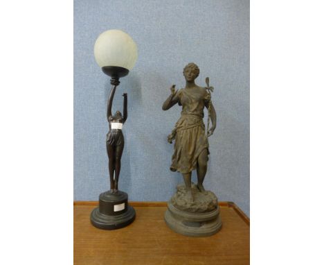 An Art Deco style figural table lamp and another figure 