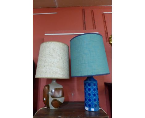 An Italian turquoise glazed pottery table lamp and another studio pottery table lamp 