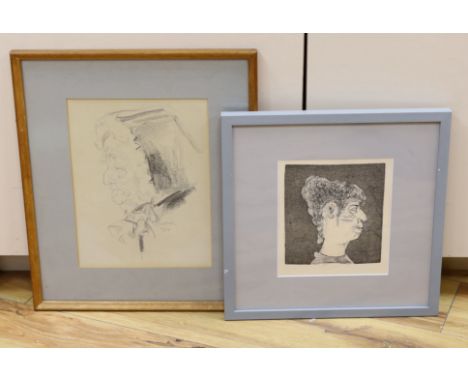 Edmund Blampied (1886-1966), pencil drawing, Head of an old woman, signed and dated 1964, 26 x 20cm and an etching of a woman