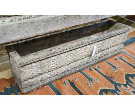 Two reconstituted stone circular garden planters and a rectangular planter, width 79cm, height 21cm