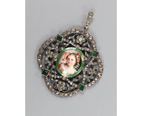 An Indian? white gem enamel and rose cut diamond set portrait pendant, 46mm, gross weight 15.6 grams.