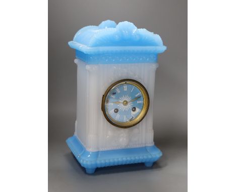 Late Victorian moulded blue and white glass mantel clock, 30cm