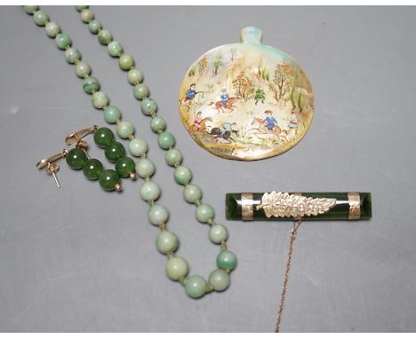 A jade bead necklace, together with a painted pearl pendant and other jade items
