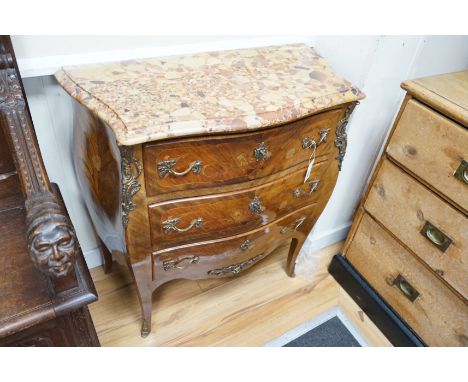 A Louis XV style marquetry inlaid marble topped serpentine three drawer commode, width 83cm, depth 40cm, height 87cm