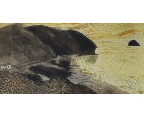 Jenny Sanders, etching, Evening at Trebarwith Strand, signed, 4/25, 23 x 46cm