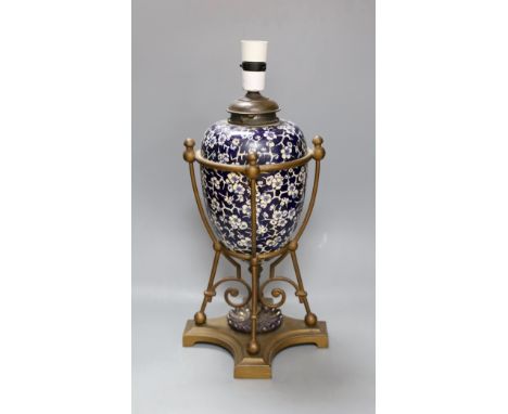 An Edwardian brass mounted converted oil lamp, total height 43cm