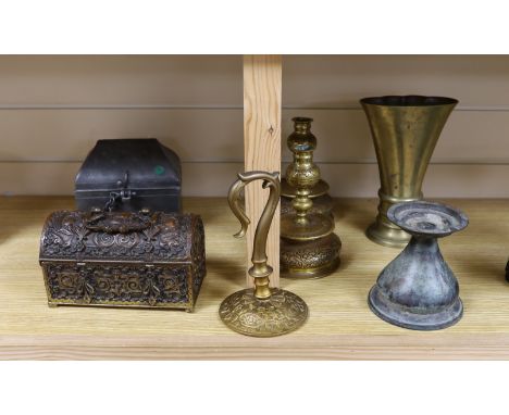 A Continental gilt brass casket, a pair of brass candlesticks, a pewter casket, another candlestick, a vase and a JVB hook (6