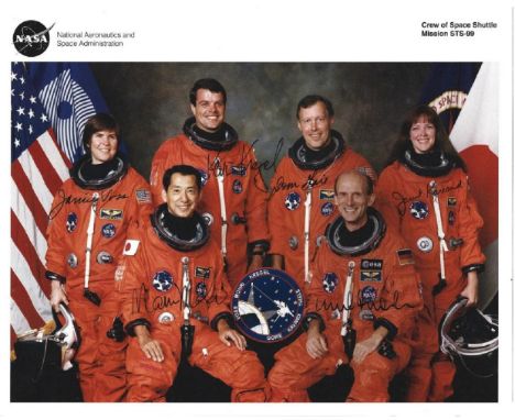 Space Shuttle Crew of STS99 signed 10 x 8 inch colour orange space suit photo. Signed by Kevin R. Kregel, Dominic L. Pudwill 
