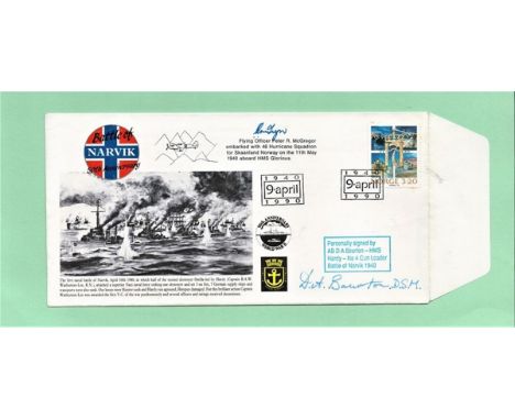 Battle Of Narwick 50th Anniversary FDC. Signed by Flying Officer Peter R McGregor and D A Bourton, No 4 Gun Loader Stamp date