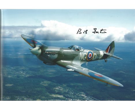 WW2 Battle of Britain fighter ace Bob Foster signed 12 x 8 inch colour photo of a Spitfire in flight. Good condition. All aut