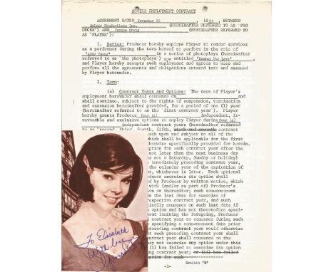 A Yvonne Craig employment contract from the film HOORAY FOR LOVE as the character ABBY YOUNG on November 20th, 1961, was sign