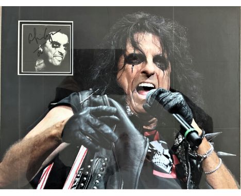 Alice Cooper, 16x19 colour mounted presentation photograph featuring a 4x4 black and white signed photo. Coopers career spans