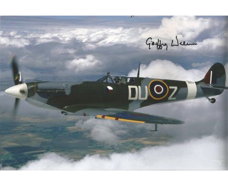 WW2 Battle of Britain fighter ace Geoffrey Wellum signed 12 x 8 inch colour photo of a Spitfire in flight. Good condition. Al