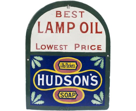Advertising enamel sign HUDSONS SOAP BEST LAMP OIL LOWEST PRICE measuring 10.5in x 13.5in. Some expert restoration so will di
