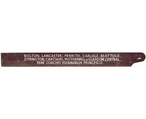 LMS/BR(M) wooden station destination finger board with the following locations: BOLTON, LANCASTER, PENRITH, CARLISLE, BEATOCK