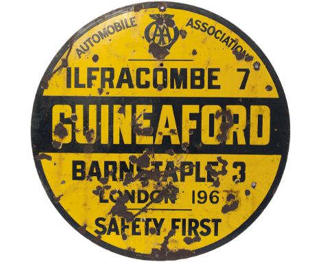 AA motoring enamel road sign GUINEAFORD ILFRACOMBE 7 BARNSTAPLE 3 LONDON 196 SAFETY FIRST. Circular enamel measures 30in diam