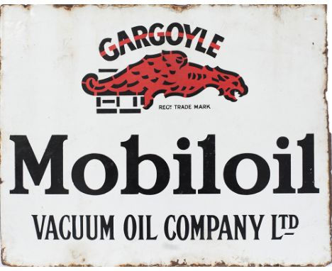 Mobiloil motoring enamel sign GARGOYLE MOBILOIL VACUUM OIL COMPANY LTD. Double sided and measures 20in x 16in. Both sides in 