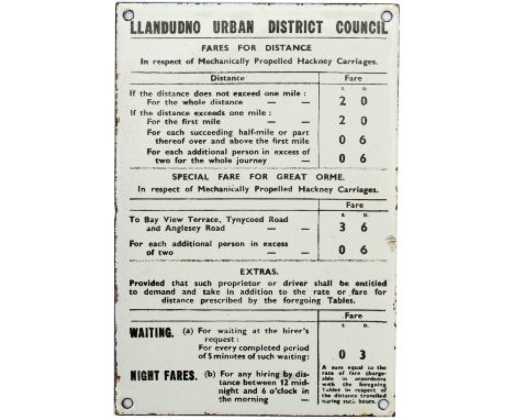 Taxi enamel fare sign LLANDUDNO URBAN DISTRICT COUNCIL FARES FOR DISTANCE IN RESPECT OF MECHANICALLY PROPELLED HACKNEY CARRIA