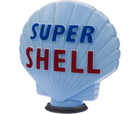 Original Shell glass petrol pump globe, SUPER SHELL in blue glass, complete with original rubber seal. Has a small chip in th