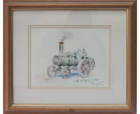 Original pencil and crayon sketch of a steam traction engine signed by the artist TERENCE CUNEO. Displayed and mounted in a g