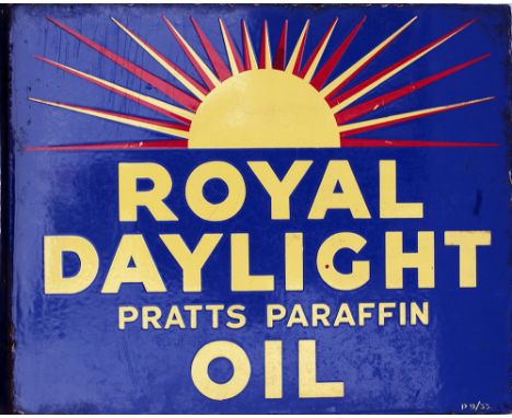 Advertising enamel sign ROYAL DAYLIGHT PRATTS PARAFIN OIL. Double sided with original wall mounting flange. In very good cond