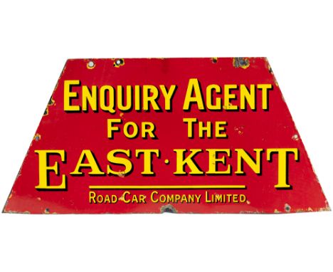 Motoring bus enamel sign ENQUIRY AGENT FOR THE EAST KENT ROAD CAR COMPANY LIMITED. Measures 28in x 13in and is in good condit