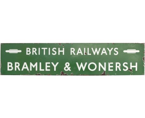 BR(S) Dark green enamel station fascia sign BRITISH RAILWAYS BRAMLEY & WONERSH with Totem's either end. Measures 52in x 12in 