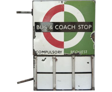 London Transport bus enamel sign BUS AND COACH STOP COMPULSORY/REQUEST complete with its original route indicator board and b