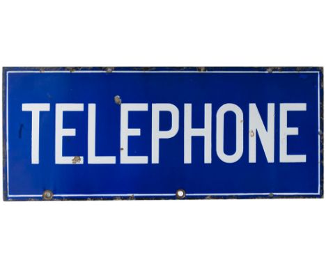 Advertising enamel sign TELEPHONE, double sided and measures 22in x 9in. One side in very good condition with a few small chi