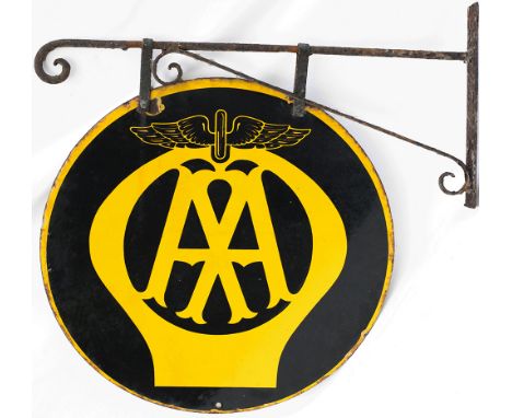 AA motoring enamel road sign AA, double sided complete with original hanging bracket. Measures 18in diameter and both sides i