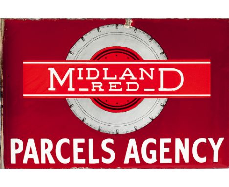 Bus enamel sign MIDLAND RED PARCELS AGENT, double sided with mounting flange. Semi pictorial measures 18in x 12in. Both sides