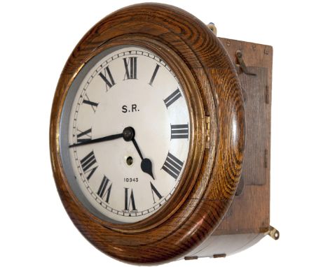 Southern Railway 8 inch dial oak cased fusee clock ex Wimbledon Engineers laboratory. The clock was supplied to the Southern 